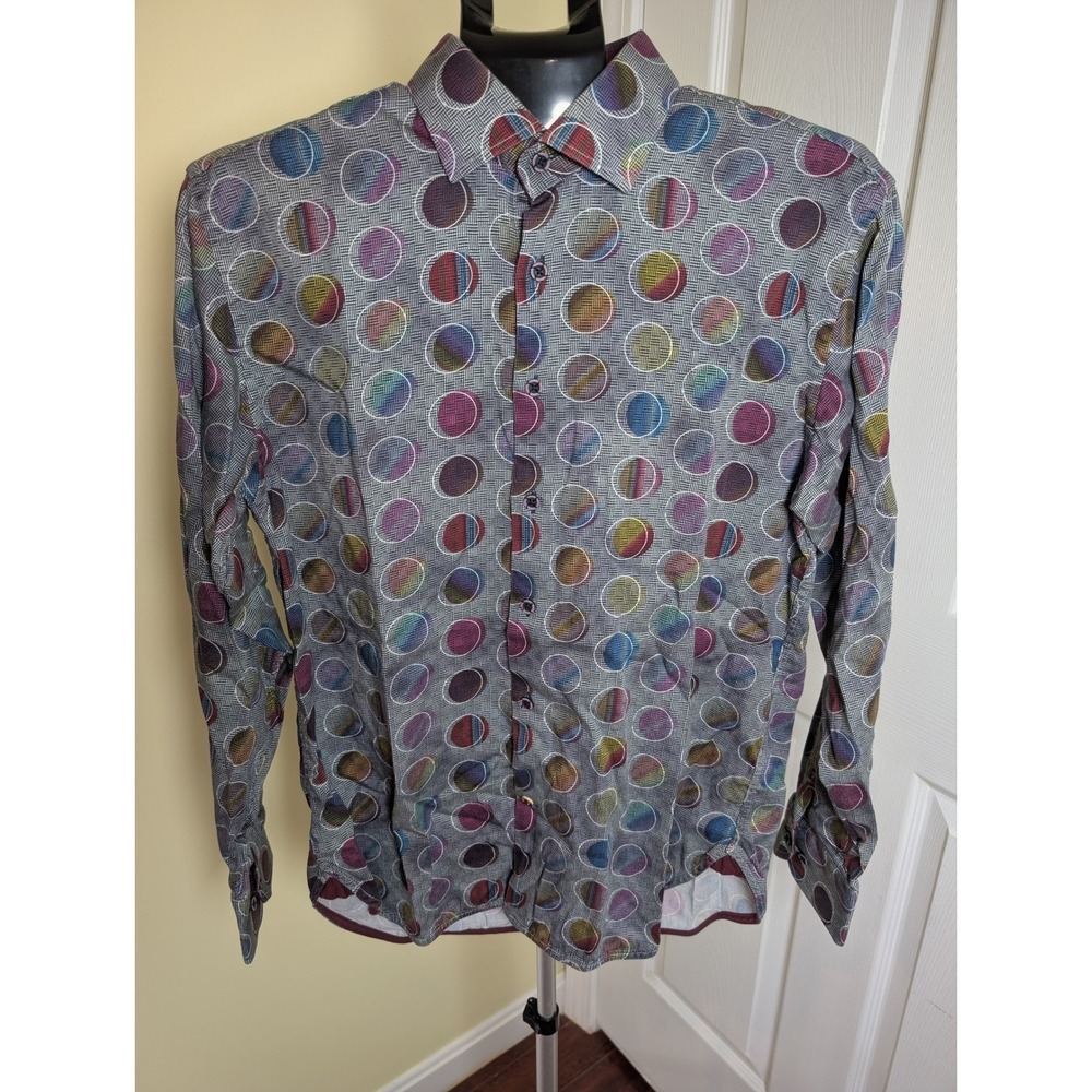 Visconti Black Button Up Shirt Mens Medium Gray Multi Circle Print Geometric